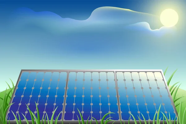 太陽電池電源、緑の芝生、青い空、明るい太陽の下 — ストックベクタ
