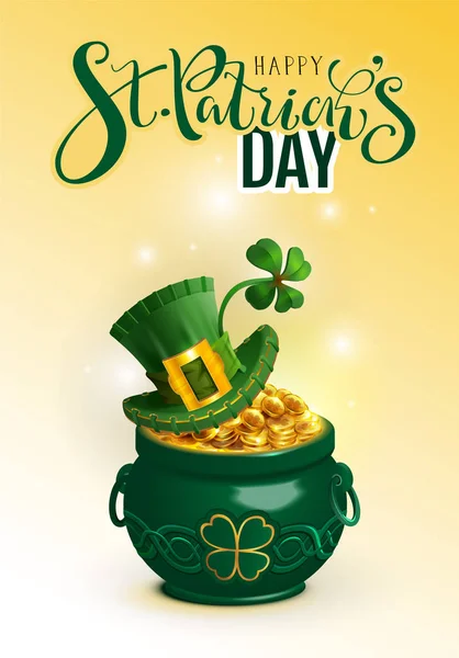 Happy St. Patricks day text greeting card. Green hat, full pot gold coin and luck leaf clover — Stock Vector