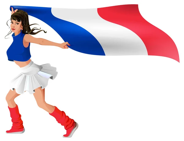 スポーツユニ フォームの美しい若い女性は、フランスの国旗を保持しています。 — ストックベクタ