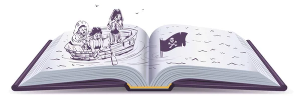 Piratas em barco afundando navio. Livro aberto de aventura —  Vetores de Stock