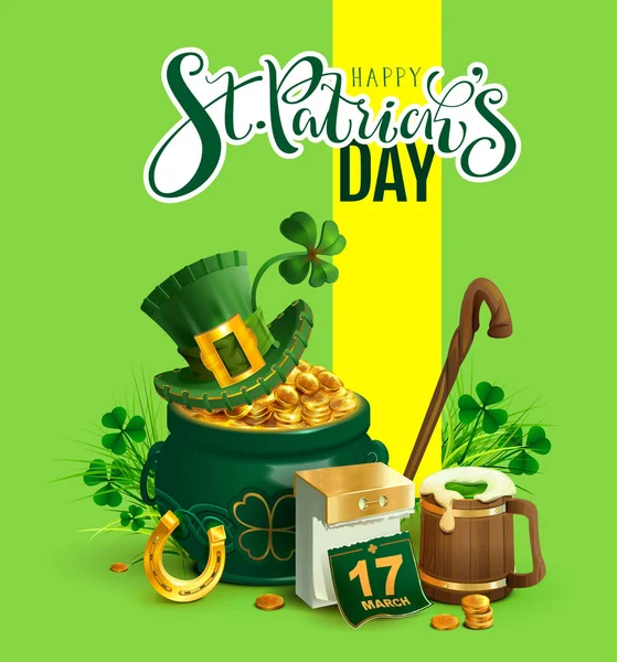 Joyeux St. Patricks Day carte de vœux texte. Les accessoires de Patrick composition festive. Pot d'or, chapeau vert, feuille de trèfle, fer à cheval, bière et calendrier — Image vectorielle