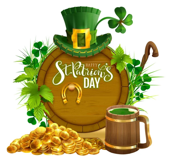 St. Patrick je den stran textu blahopřání. Zlaté mince, dřevěný Sud a hrnek pivo, Zlatá podkova, klobouk a listy jetele — Stockový vektor