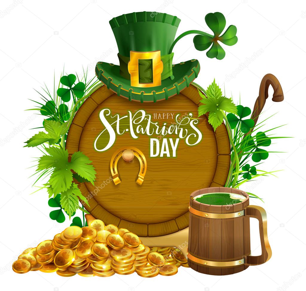 St. Patrick's day party text greeting card. Gold coins, wooden barrel and mug beer, gold horseshoe, hat and leaves clover