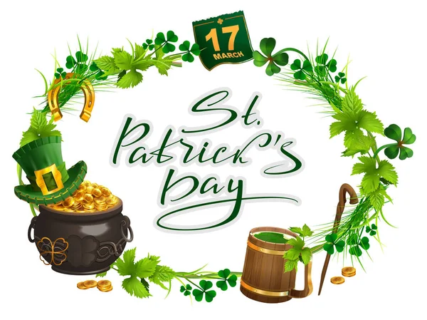 Patricks Accessoires de jour pot d'or, tasse de bière, feuille de trèfle, 17 mars, herbe de couronne — Image vectorielle