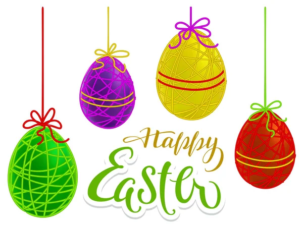 Happy Easter hand written calligraphy text for greeting card and colored eggs — Stock Vector