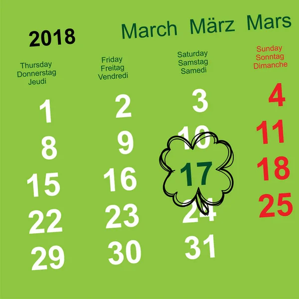 17 marzo giorno di San Patrizio. Promemoria calendario trifoglio foglia — Vettoriale Stock