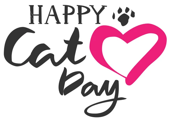 Happy Cat Day Text. Herzform und Katzenfußabdruck — Stockvektor