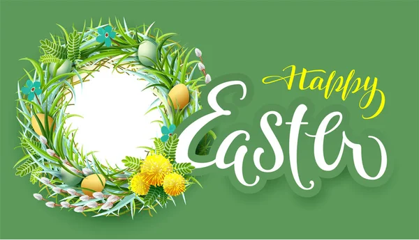 Šťastné Velikonoce text blahopřání. Hnízdo věnec květiny rámec a obarvená vejce — Stockový vektor