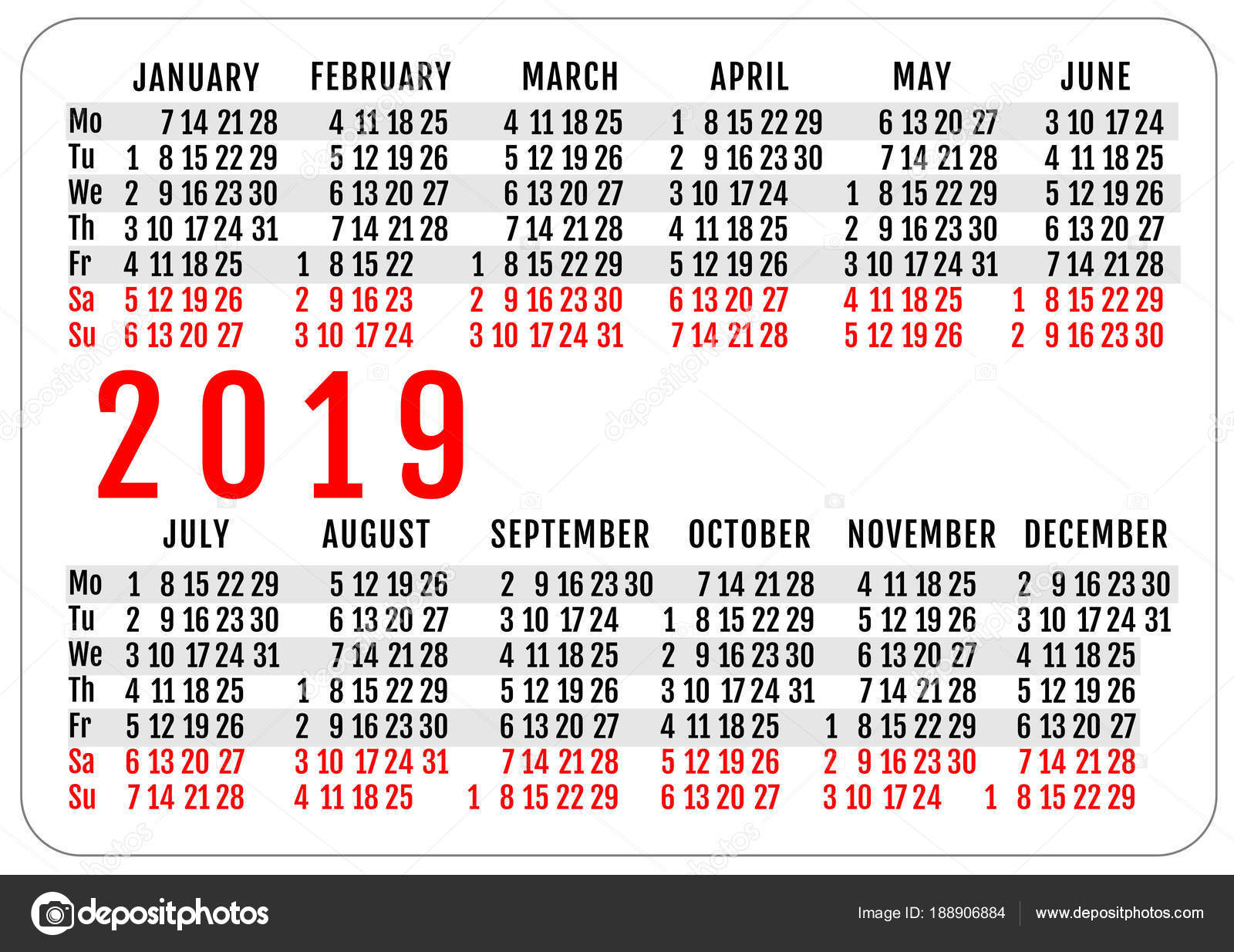 2019 horizontal pocket calendar grid template mockup stock vector