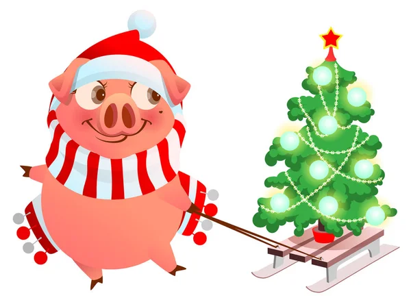 Rosa Schwein Symbol des Jahres 2019. Spaß Schwein Schlitten Weihnachtsbaum Fichte — Stockvektor