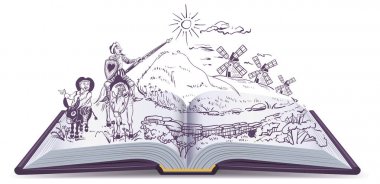 Don Kişot kitap vektör karikatür çizim açın