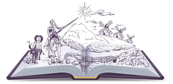 Don Quijote libro abierto vector ilustración de dibujos animados — Vector de stock