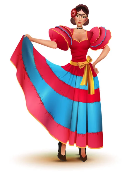 年轻的墨西哥妇女在红色礼服独奏舞蹈 — 图库矢量图片