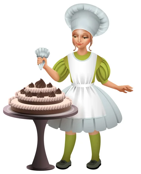 Bambina cuoco uniforme decorato torta al cioccolato — Vettoriale Stock