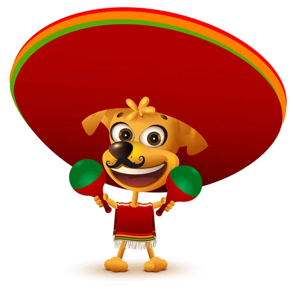 Komik neşeli sarı Meksika köpek panço ve marakas tutan sombrero — Stok Vektör