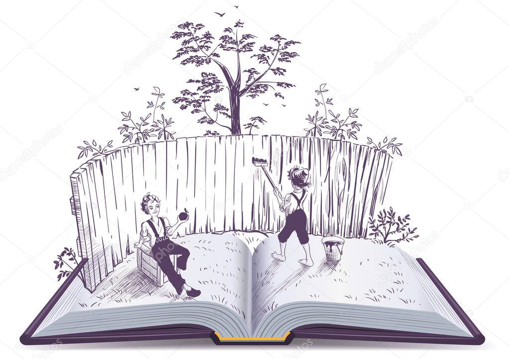 Tom Sawyer paints fence open book illustration