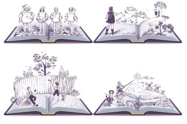 Açık kitap illüstrasyon Silahşörler, Tom Sawyer ve Don Kişot ayarla