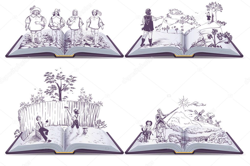 Set open book illustration musketeers, Tom Sawyer and Don Quixote