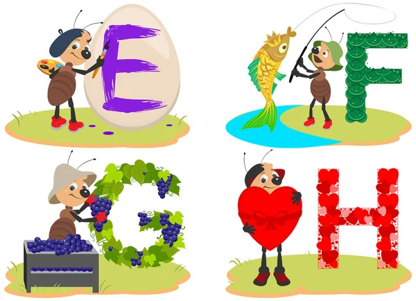 Anglické děti abeceda E, F, G, H. Vejce, ryby, hrozny, srdce legrační roztomilý mravenčí hmyz pomáhá naučit anglické písmena — Stockový vektor