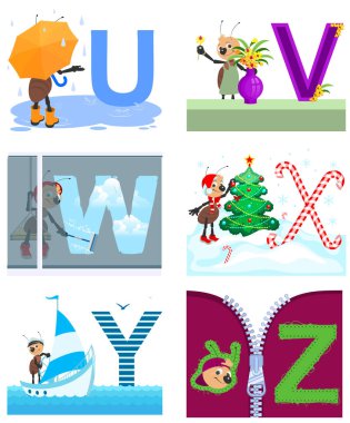 Şemsiye, pencere, xmas, yat, vazo, zip kilidi için İngilizce alfabe harfleri