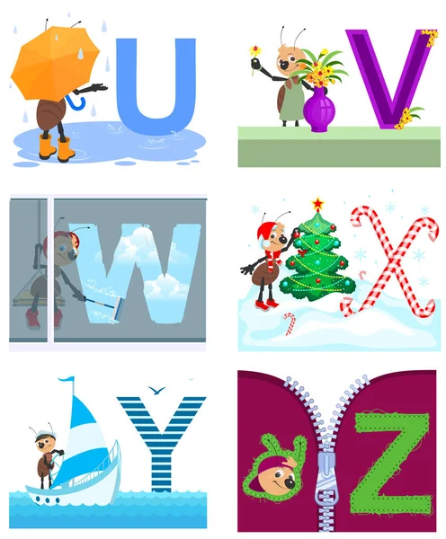 Letras del alfabeto inglés para aprender paraguas, ventana, Navidad, yate, jarrón, cierre con cremallera — Archivo Imágenes Vectoriales