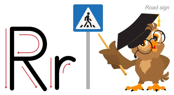 ABC school english alphabet letter. Owl teacher shows road sign — Stock vektor