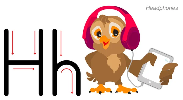Αγγλικό αλφάβητο abc lette. Πουλί κουκουβάγιας που ακούει μουσική στα ακουστικά — Διανυσματικό Αρχείο