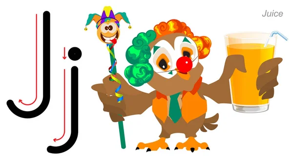Lettre alphabet anglais pour les enfants. Langue anglaise abc. Hibou clown détient un verre de jus — Image vectorielle