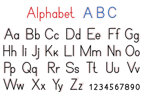Buchstaben und Zahlen des englischen Alphabets. Groß- und Kleinbuchstaben abc — Stockvektor