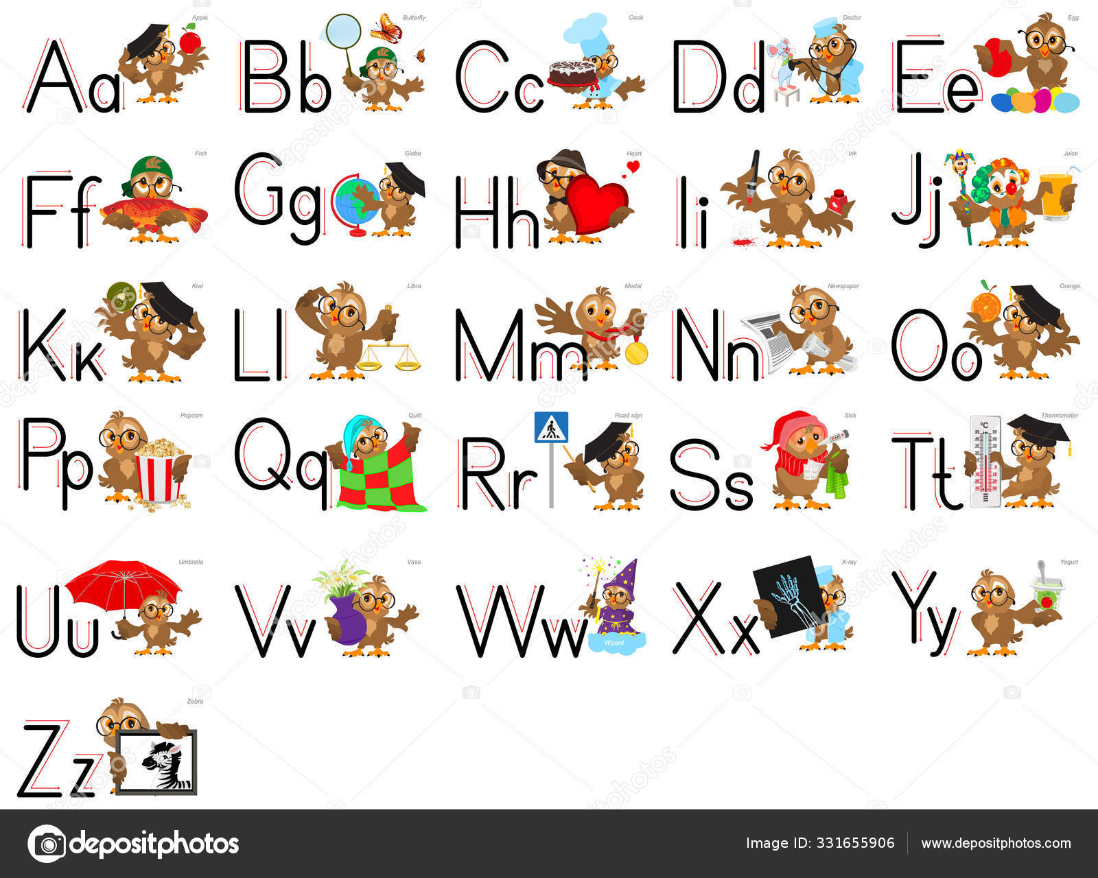English alphabet abc letter set. Owl teacher learn grammar Stock Vector