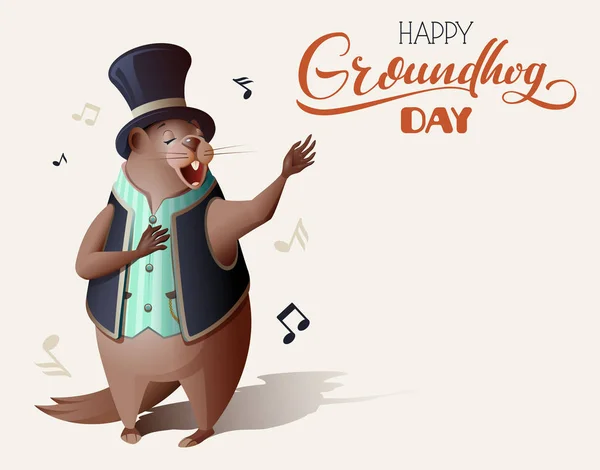 Feliz Día de la Marmota adornado texto de letras tarjeta de felicitación. La marmota se despierta, canta y arroja sombra — Vector de stock