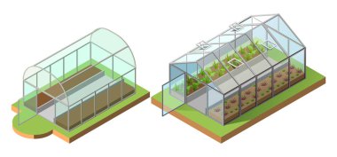 Sebze yetiştirmek için serayı hazırlayın. Isometric simgesi 3d illüstrasyon