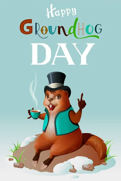 Feliz día de marmota tarjeta de felicitación plantilla texto de letras. Lindo marmota en sombrero bebidas vigorizante café — Vector de stock