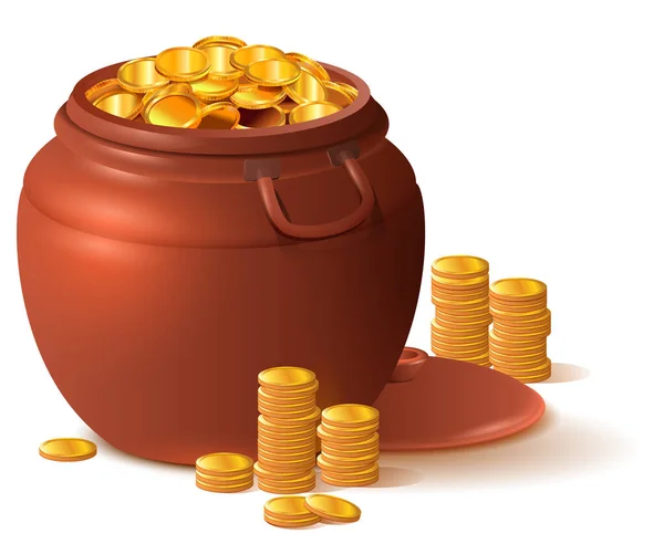 Grand pot marron argenté plein d'or. Pot en céramique avec couvercle — Image vectorielle