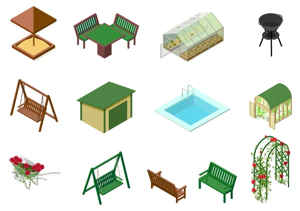 Zahradní architektura objektů 3d izometrické ilustrace. Pískoviště, stůl, židle, houpačka, vozík, skleník, květiny, lavice, bazén, gril a květinové růže — Stockový vektor