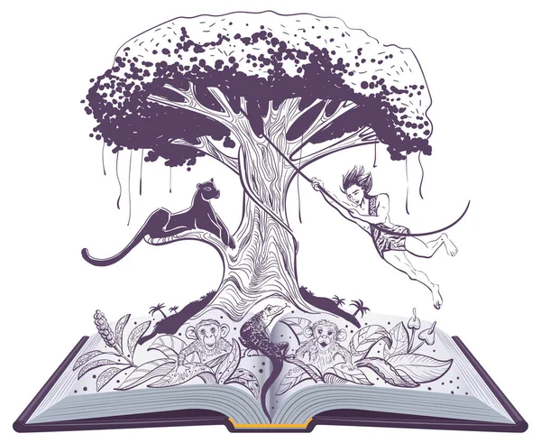 Mauglí kniha džungle a panter na stromě. Otevřít ilustraci knihy — Stockový vektor