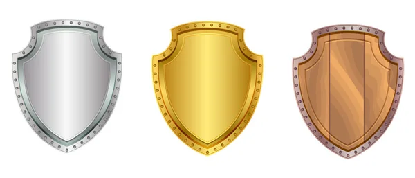 Conjunto de escudo de plata, oro y madera aislado en blanco — Archivo Imágenes Vectoriales