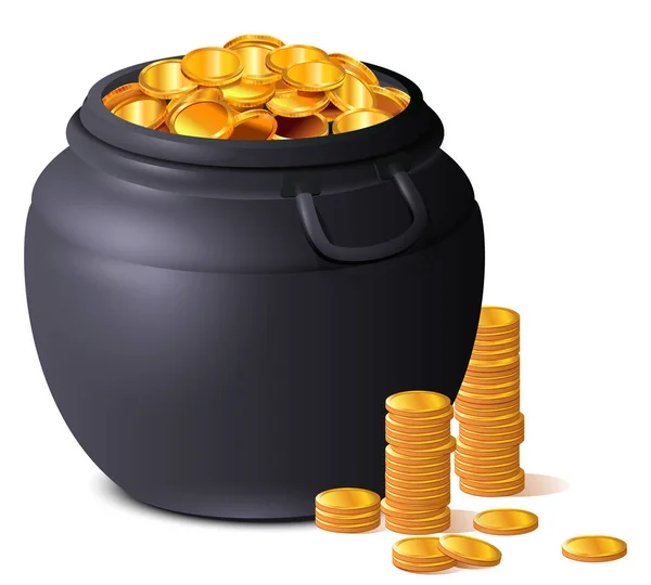Gran olla negra llena de monedas de oro. Tesoro suerte día de San Patricio — Vector de stock