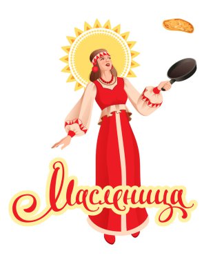 Maslenitsa Rus kadın krep pişiriyor. Rus bayramı Shrovetide karikatürü. Mesajlı tebrik kartı.