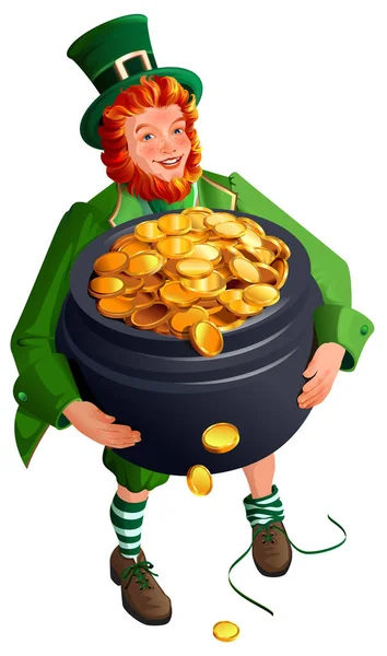 Patrick Dwarf holds big pot of gold. Cartoon illustration — 스톡 벡터