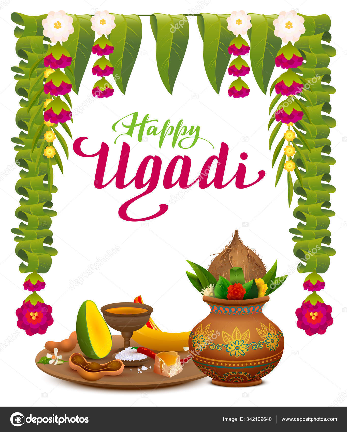 Happy Ugadi indian new year. Text lettering greeting card. Traditional holiday food mango, sugar, tamarind, salt, pepper Stock Vector Image by ©orensila #342109640 Happy Ugadi indian new year. Text lettering greeting card. Traditional holiday food mango, sugar, tamarind, salt, pepper Stock Vector Image by ©orensila #342109640