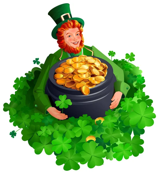 Patrick man among clover leaves holding big pot of gold coins. Four leaf clover great luck find treasure — 스톡 벡터