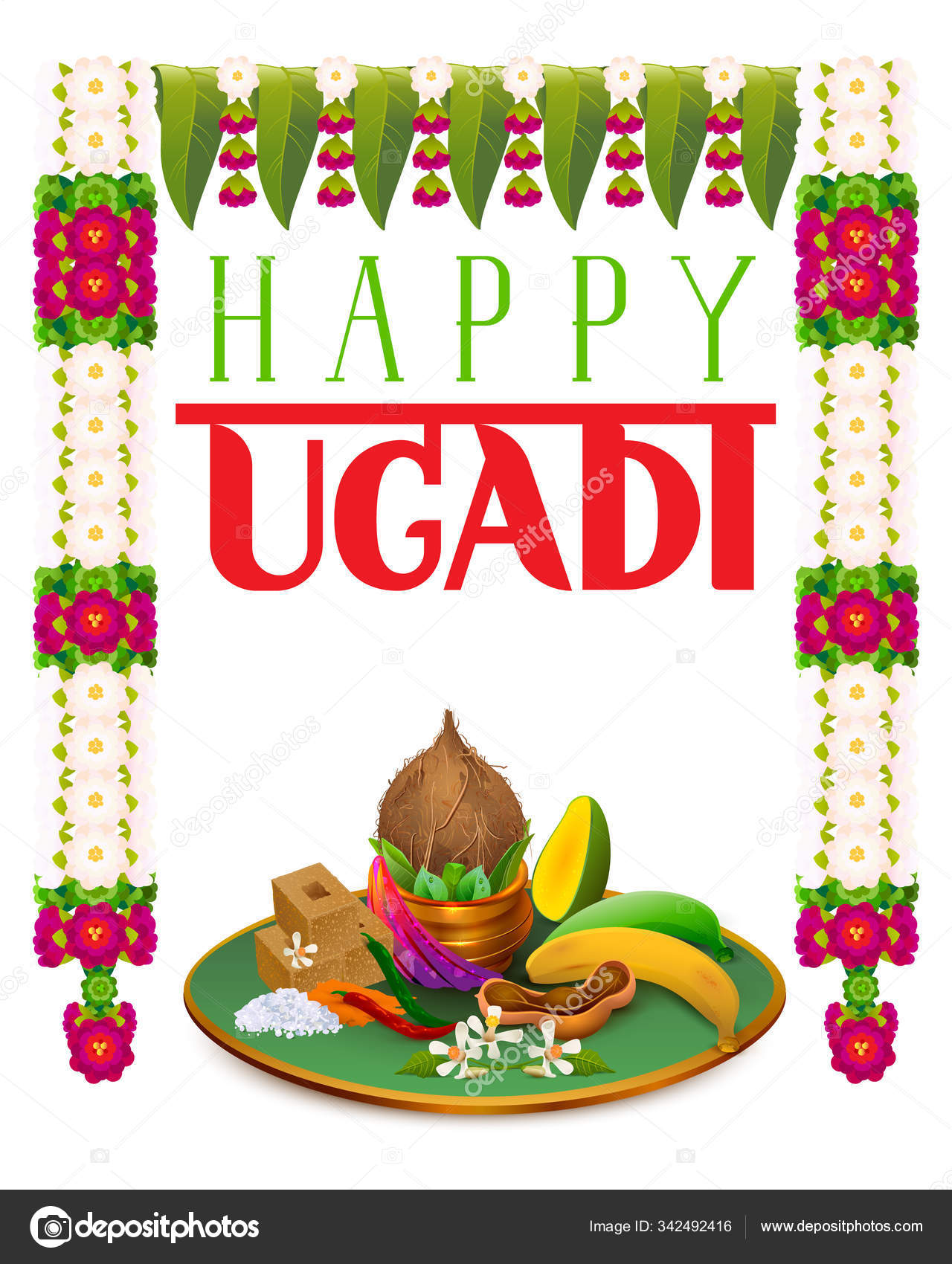 Happy Ugadi traditional food and garland decoration. Mango leaf, sugar, salt, banana, neem and flower garland mala Stock Vector Image by ©orensila #342492416 Happy Ugadi traditional food and garland decoration. Mango leaf, sugar, salt, banana, neem and flower garland mala Stock Vector Image by ©orensila #342492416