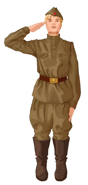 Un soldat russe salue. Militaire en uniforme rétro isolé sur blanc — Image vectorielle