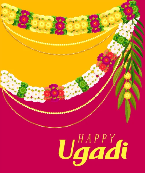 Tarjeta de felicitación de texto ugadi feliz. Guirnalda floral mala — Archivo Imágenes Vectoriales