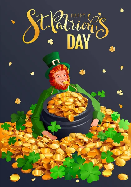Feliz cartão de felicitações do dia de St. Patricks. Gnome vermelho e pote de ouro — Vetor de Stock
