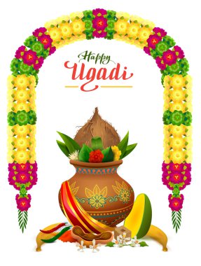 Ugadi 'nin tebrik kartı kutlu olsun. Geleneksel Hint yemeği Yeni Yıl sembolü