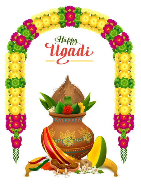 Buon biglietto di auguri del testo Ugadi. Cibo tradizionale simbolo del nuovo anno indiano — Vettoriale Stock