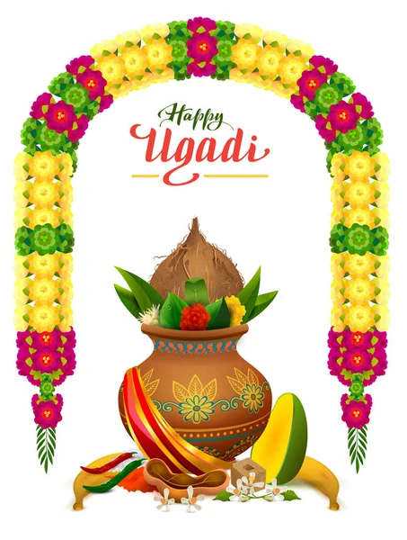 Glad Ugadi text gratulationskort. Traditionell mat Indiska nyår symbol Stockillustration