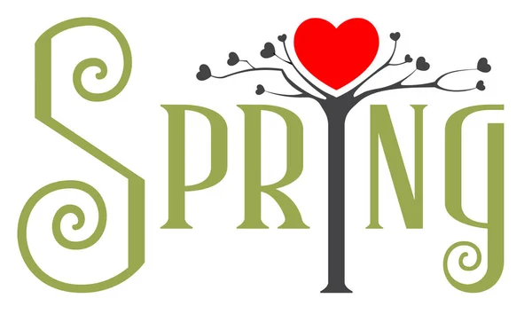 Frühling ist die Zeit der Liebe. Liebe Baum blüht Herzform. Beschriftung Konzept Text Grußkarte Vorlage — Stockvektor